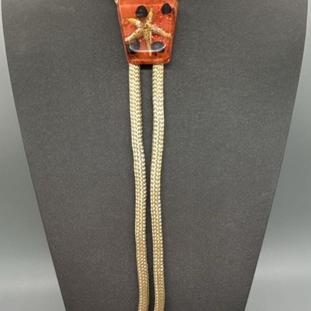 Southwestern Resin Bolo Tie Starfish Beach Shell Inlay Coastal Tan Cord Vintage