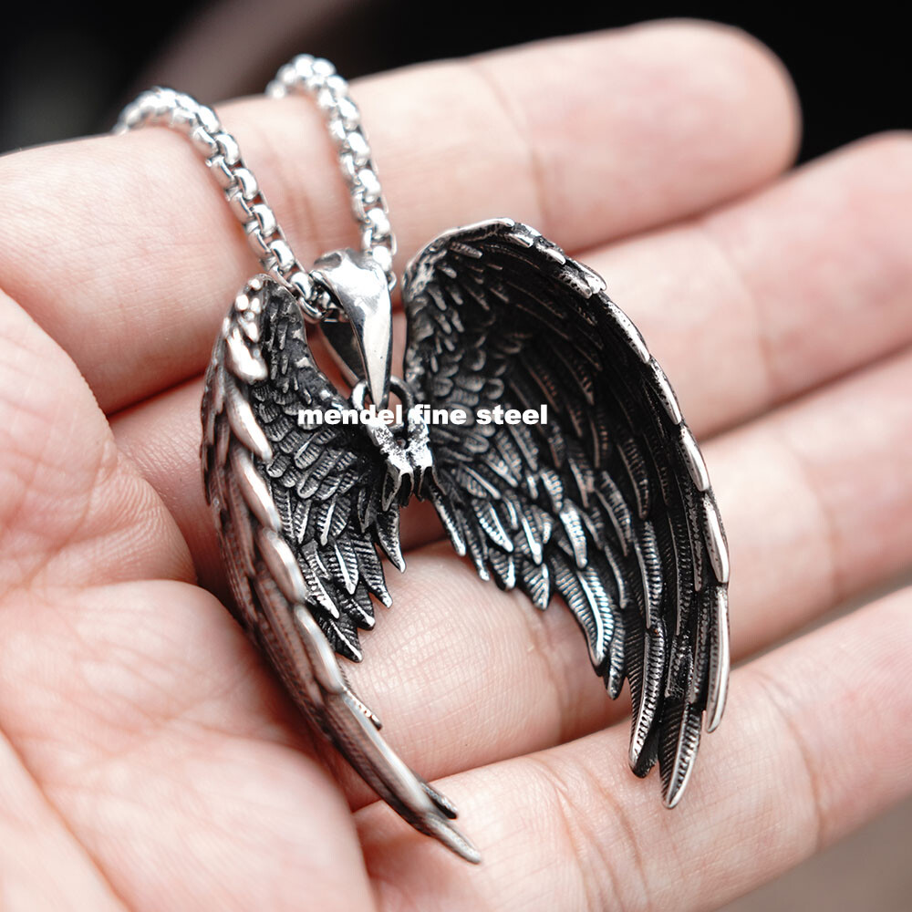 MENDEL Mens Stainless Steel Christian Big Archangel Angel Wings Pendant Necklace