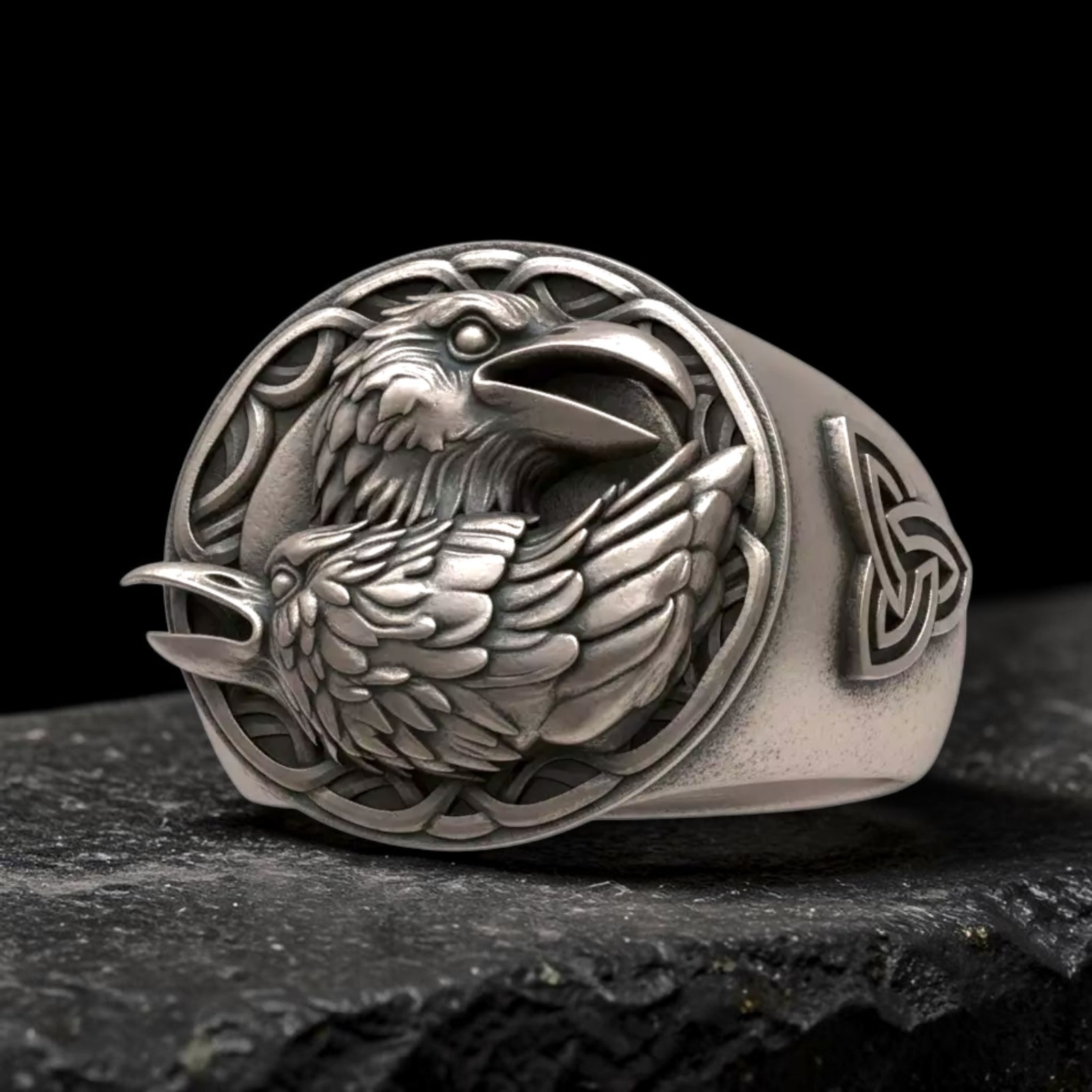 Sterling Silver Viking Raven Ring, Odin Huginn Muninn Norse Signet, Celtic Knot