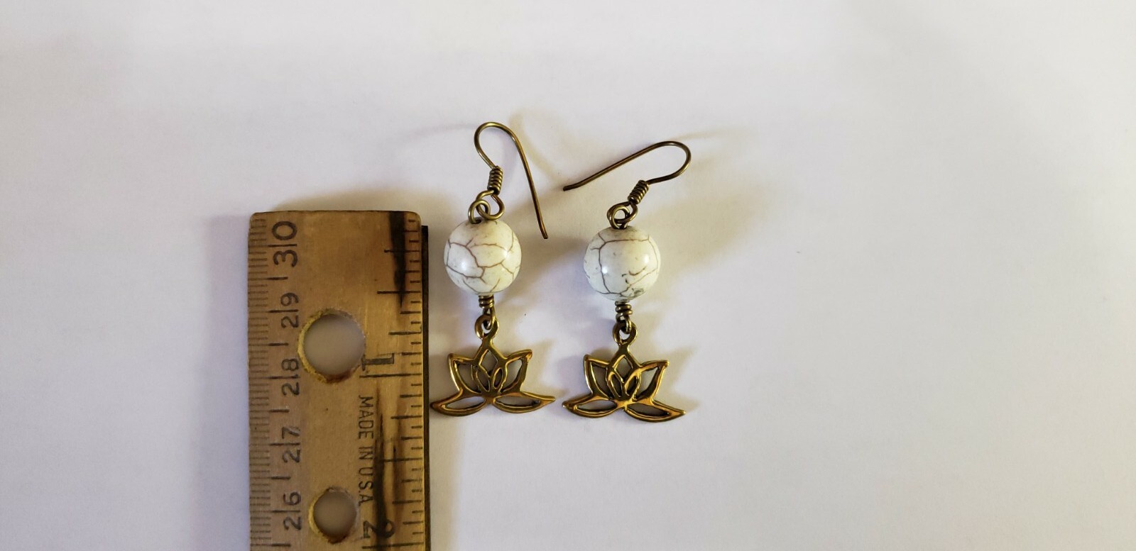Handmade Southeast Asia Cambodia Ethnic White Stone Lotus Brass Earrings Jewelry