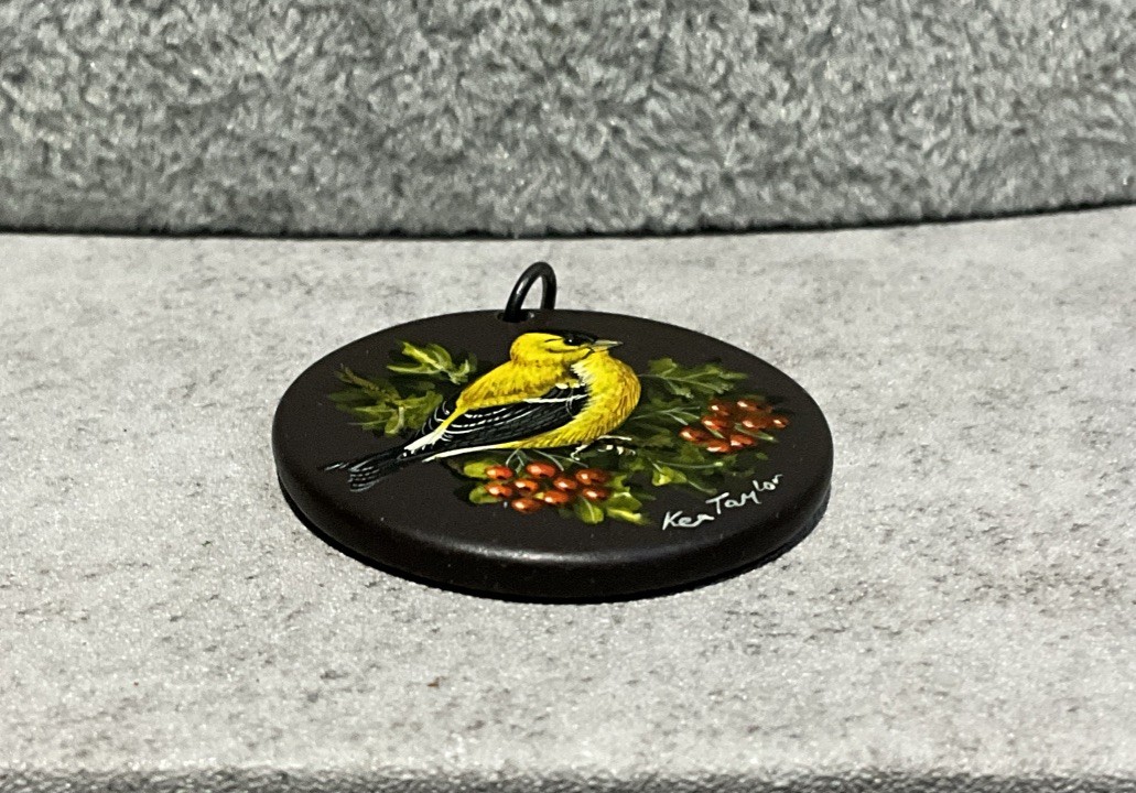 Vintage Ken Taylor Signed Hand Painted Yellow Goldfinch Bird Pendant Charm