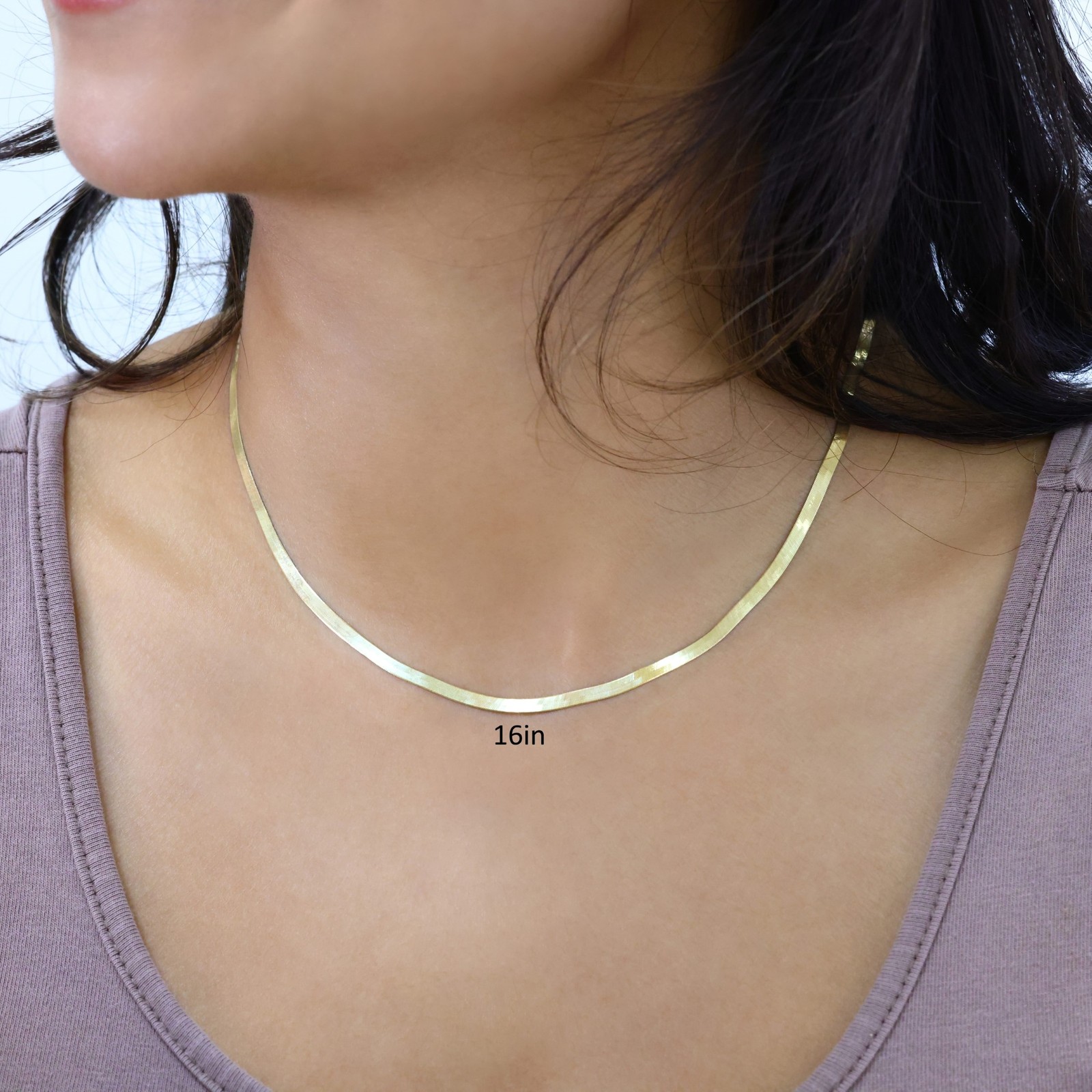 14K Yellow Gold Solid 3mm Herringbone Silky Flat Womens Chain Necklace 14″- 24″