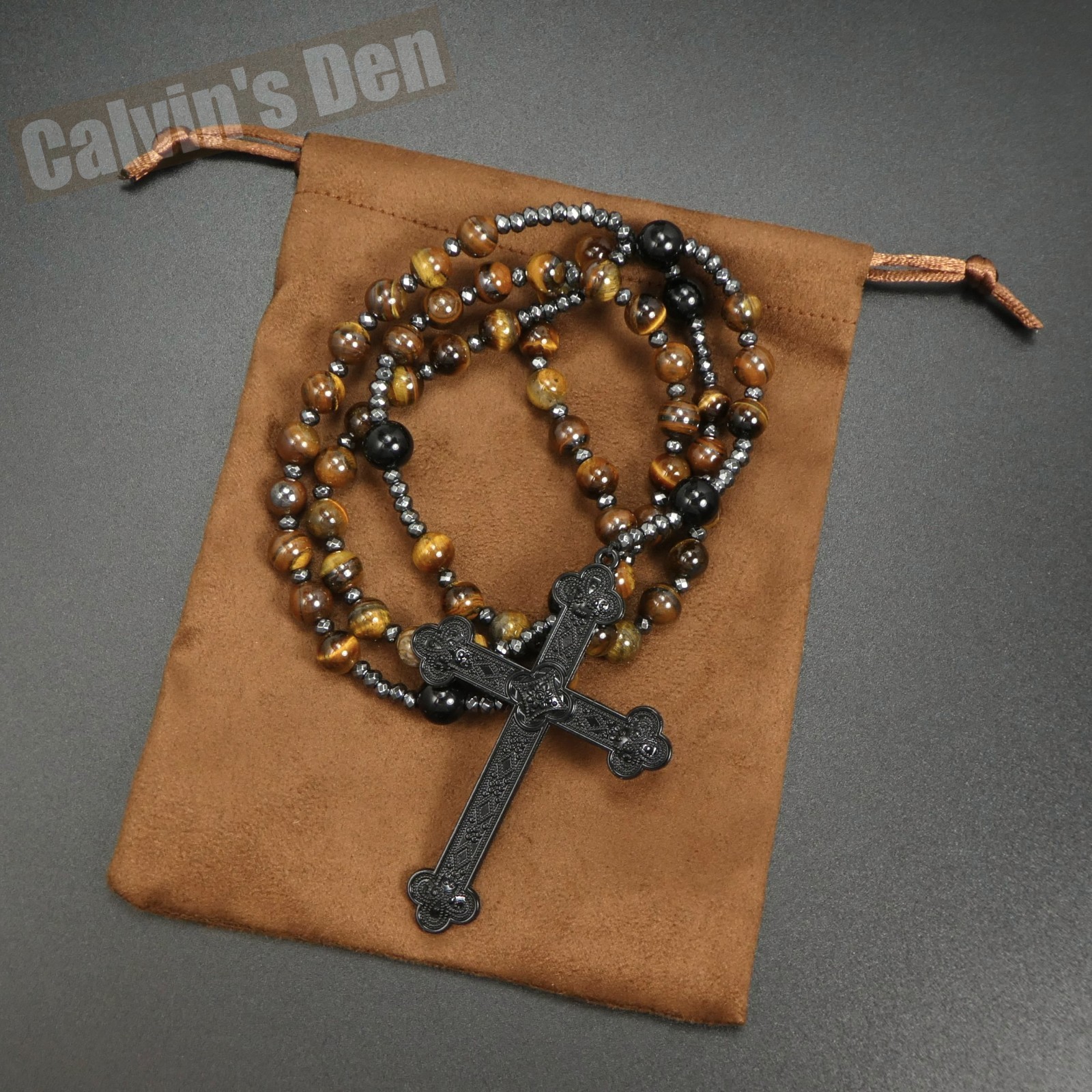 Tiger Eye Black Onyx Beads Gothic Punk Rock Cross Rosary Necklace Heavy Men Gift