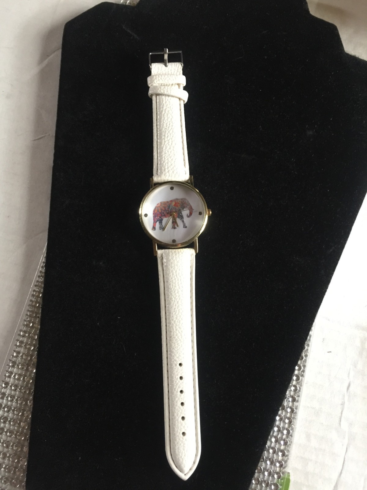 Elephant watch Flower Power Pattern and dot indexes w/White Leather band Boxed