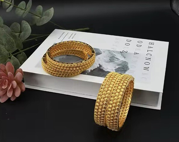 2 Gold Handmade 24K Gold Plated Dubai Indian Bangle Design Push Lock UK (S 6 cm)