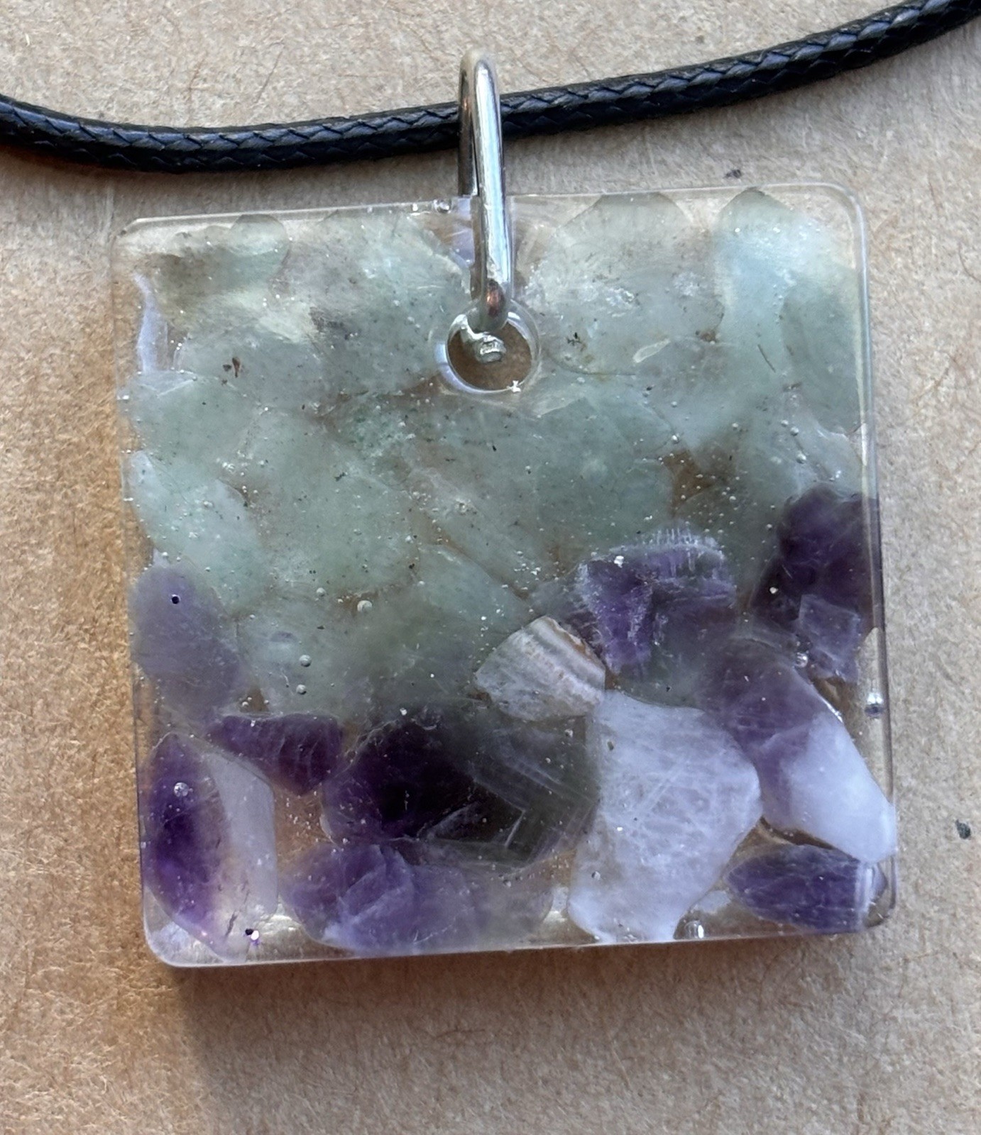 Amethyst & Green Adventurine Healing Pendant Resin Boho Witchy Gemstone Jewelry