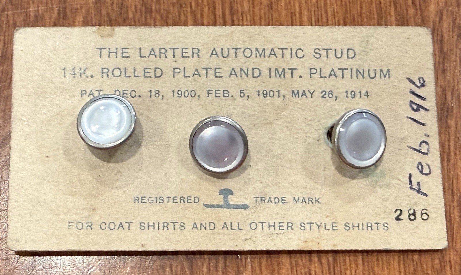 Antique Larter Art Deco 14K Rolled Gold Pearl Dress Shirt Studs – On Card. 1914