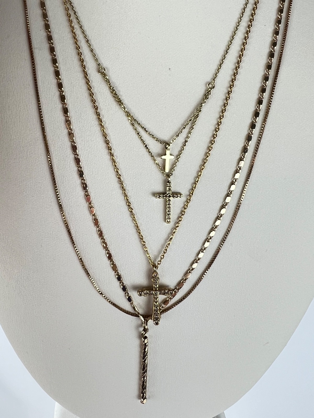 Fashion 3 Necklaces Lot Chains Gold Tone 3 Crosses 1 Bar Pendant Layering Set