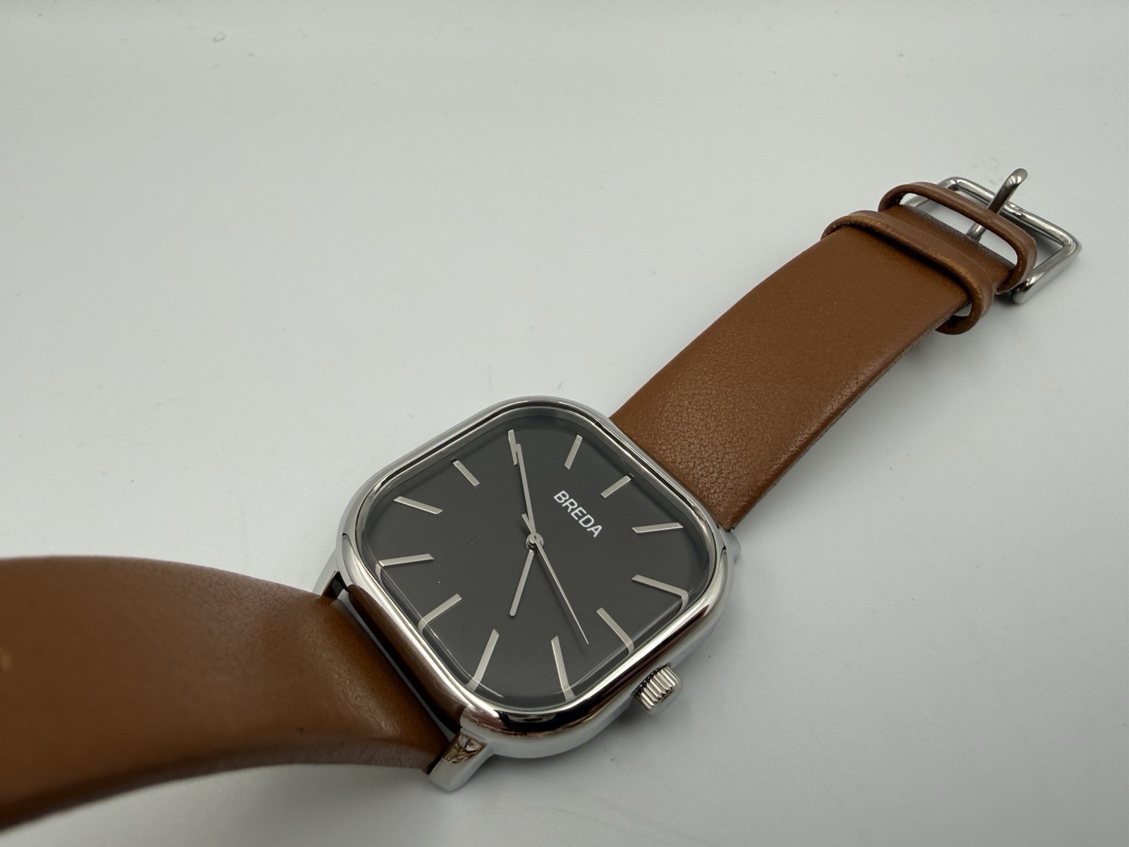 BREDA Visser Unisex Watch Silver Tone Square Square Shape Black Dial Leather