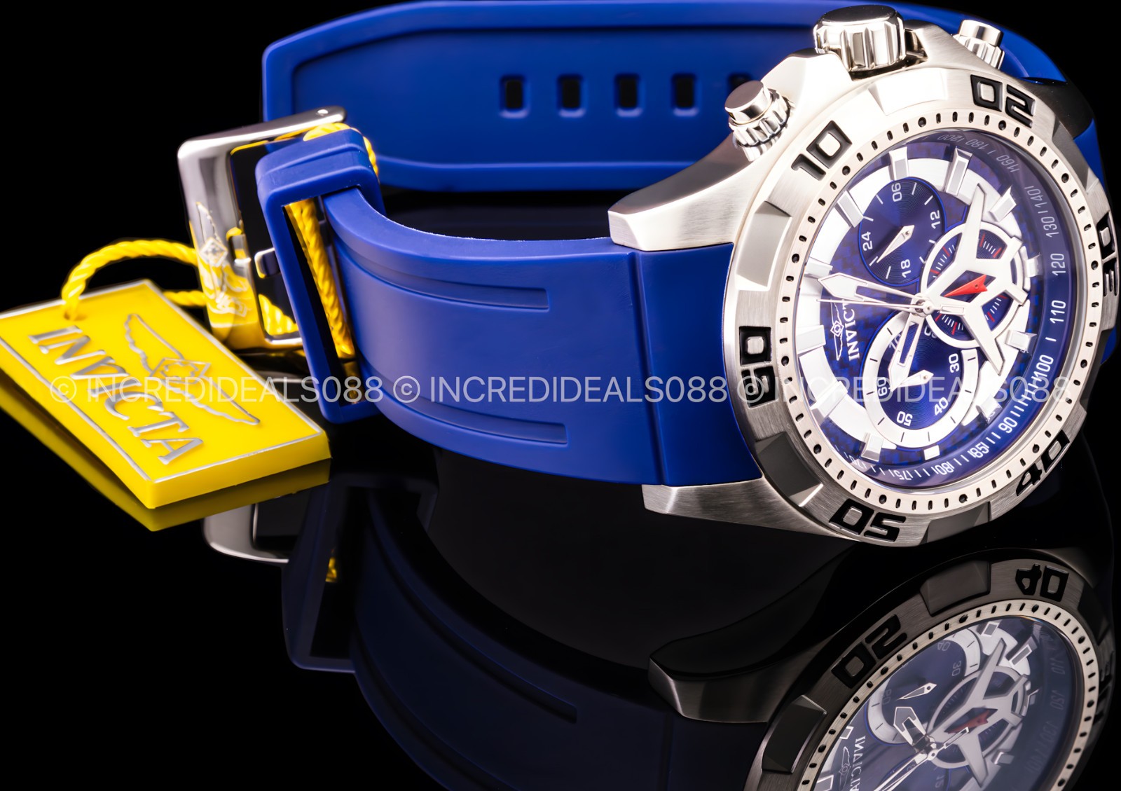 Invicta Mens AVIATOR Multi Function Blue Glass Fiber Dial Blue Strap SS Watch