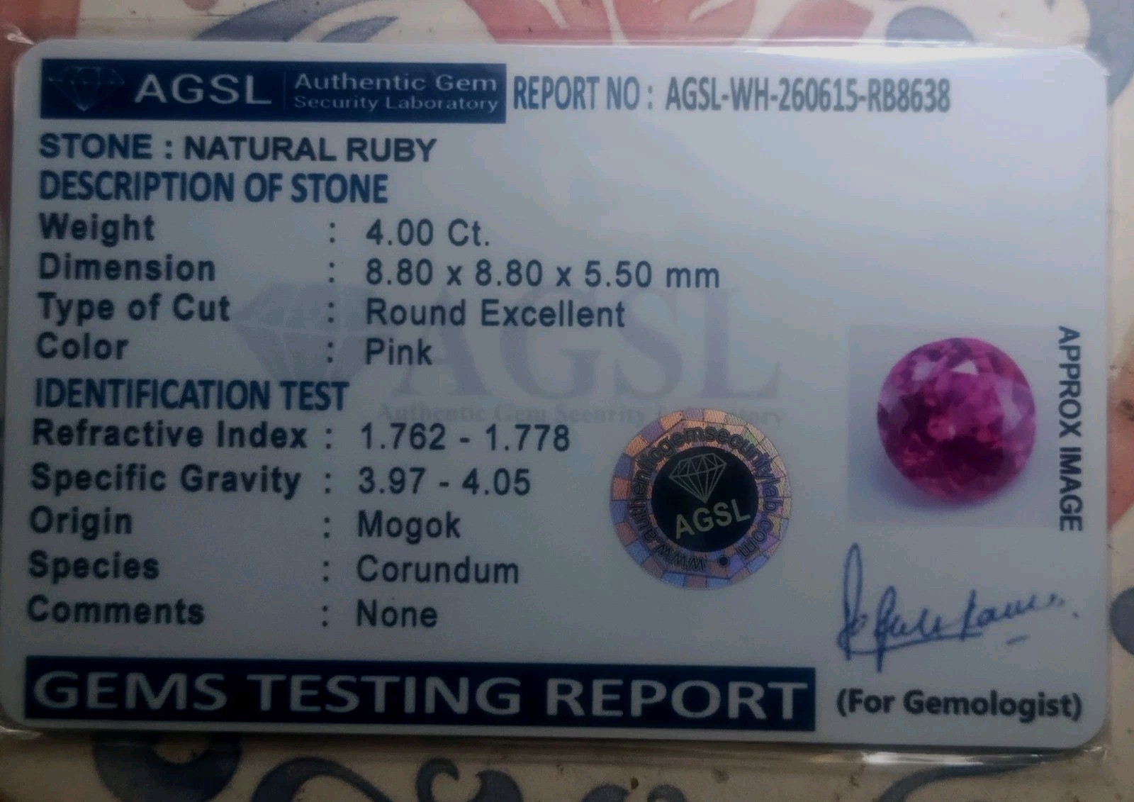 4.00ct Unheated Natural Mogok Pink Ruby Round AGSL Certified Stunning Loose