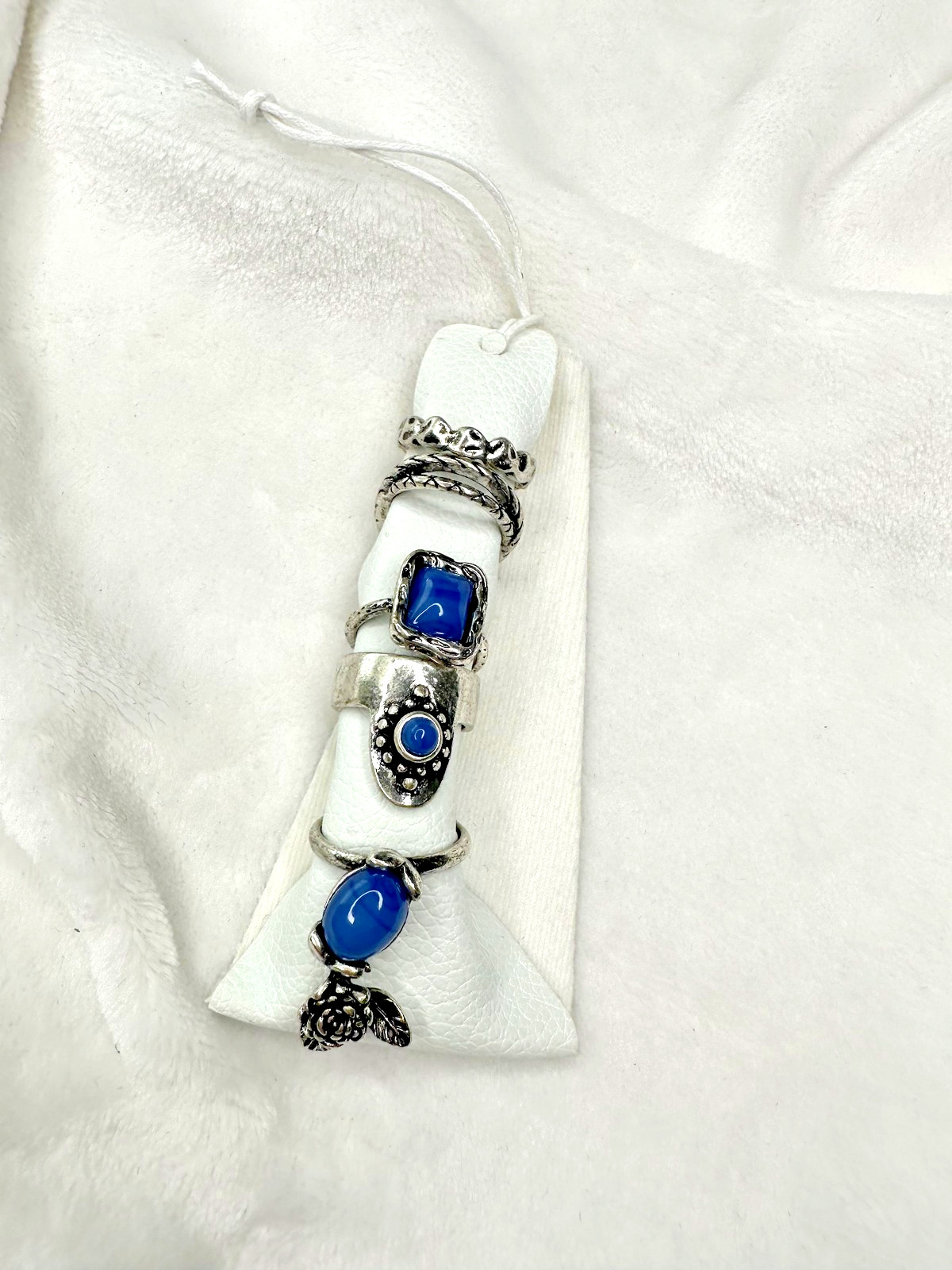 NEW Free People Rings Set of 5 Boho Jewelry Silver Tone Blue Stone Statement