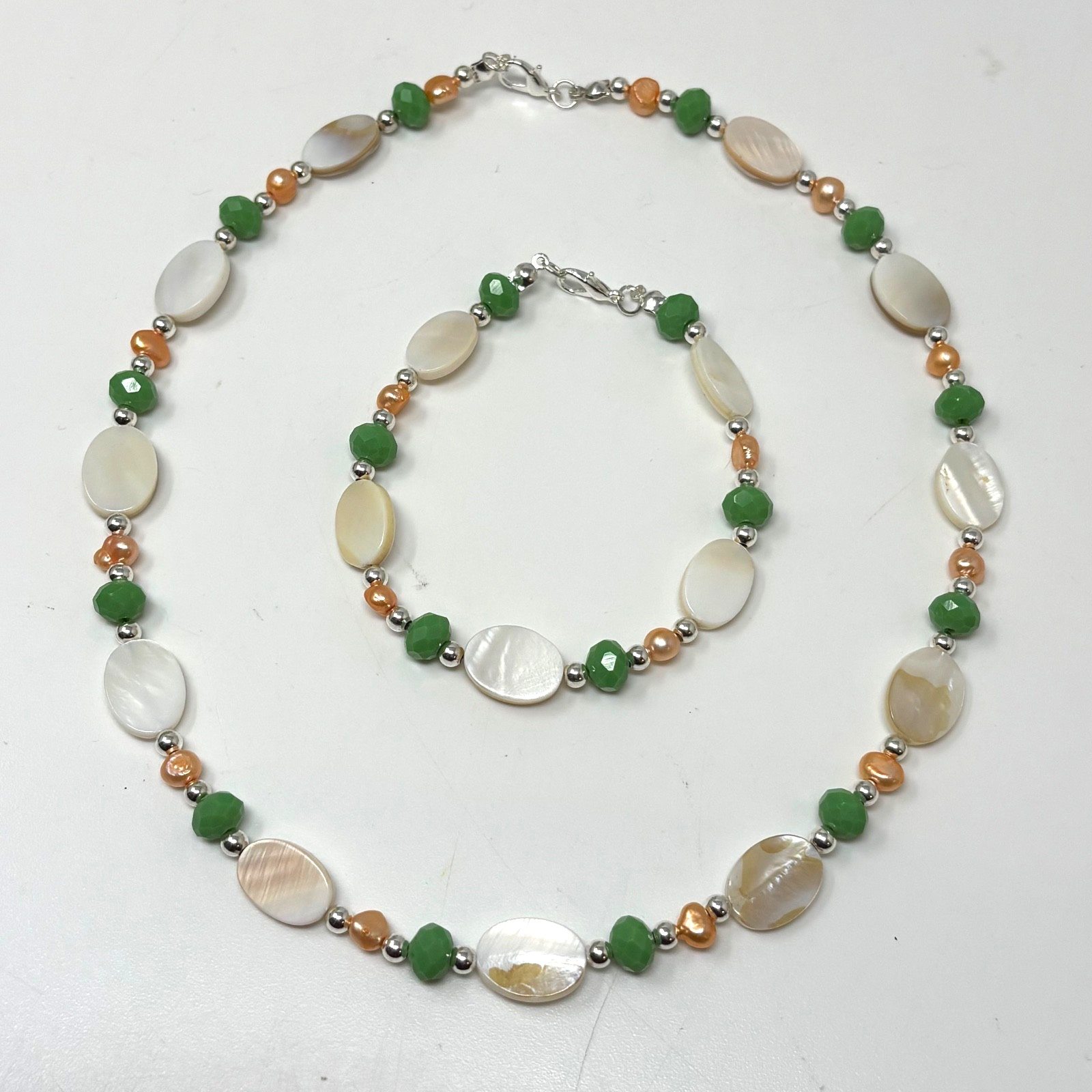 Handmade Beaded Necklace Bracelet Set White Shell Peach Pearls and Green Glass