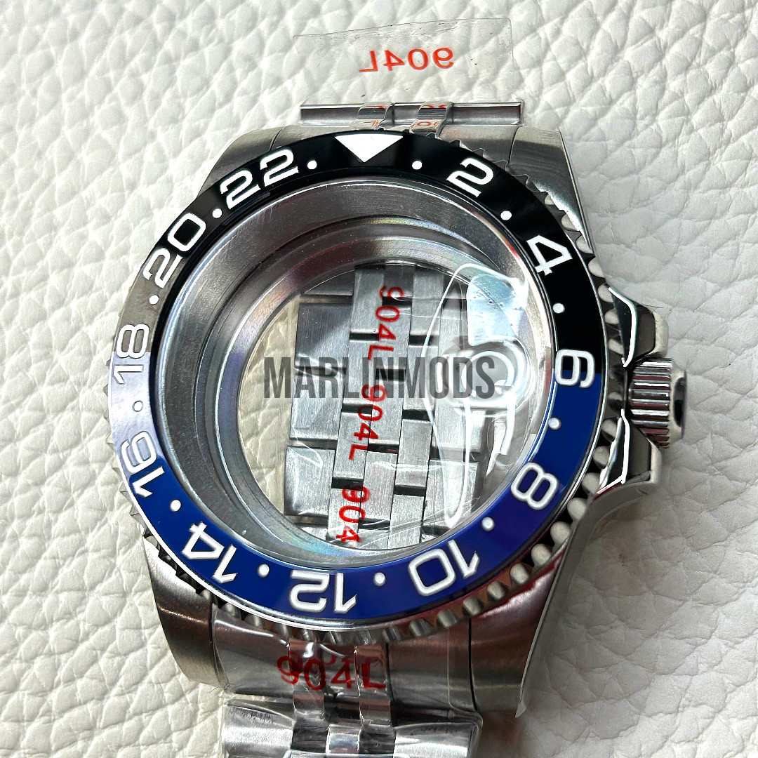 Silver 40MM 20ATM GMT Ceramic Bezel Watch Case Sapphire Mod Fit NH34 NH35 NH36