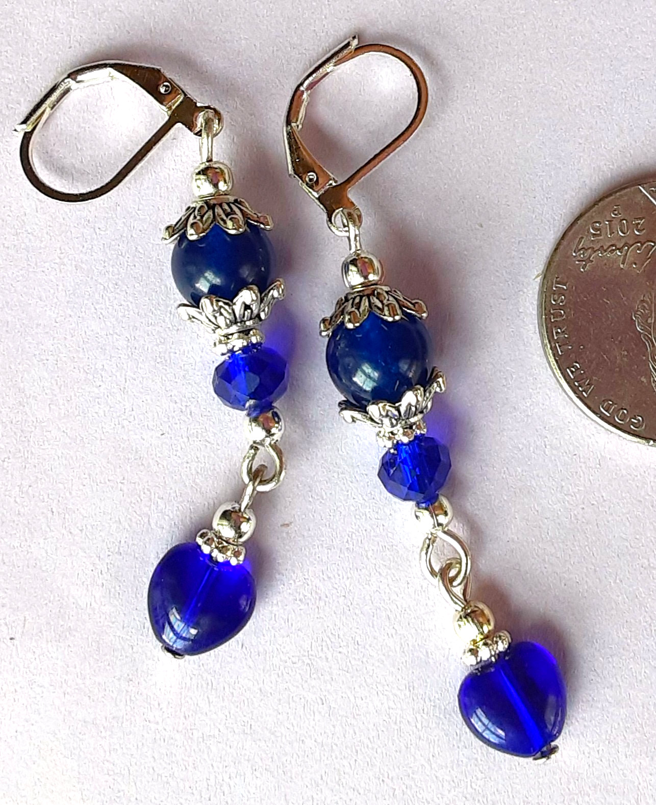 COBALT BLUE JADE & CZECH HEART DANGLE earring SP LEVER BACK artisan #612
