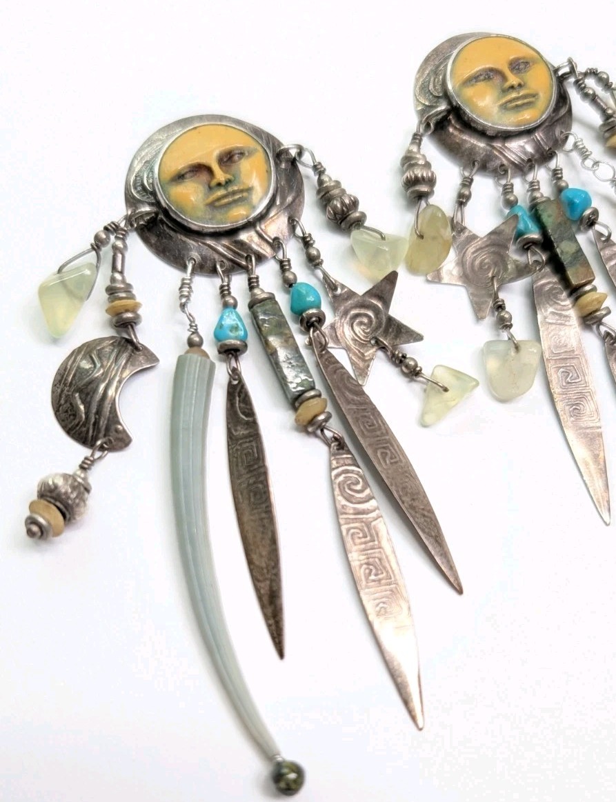 Vintage Tabra Moon Face Dangle Earrings Celestial Charms Sterling Silver 3.75 In