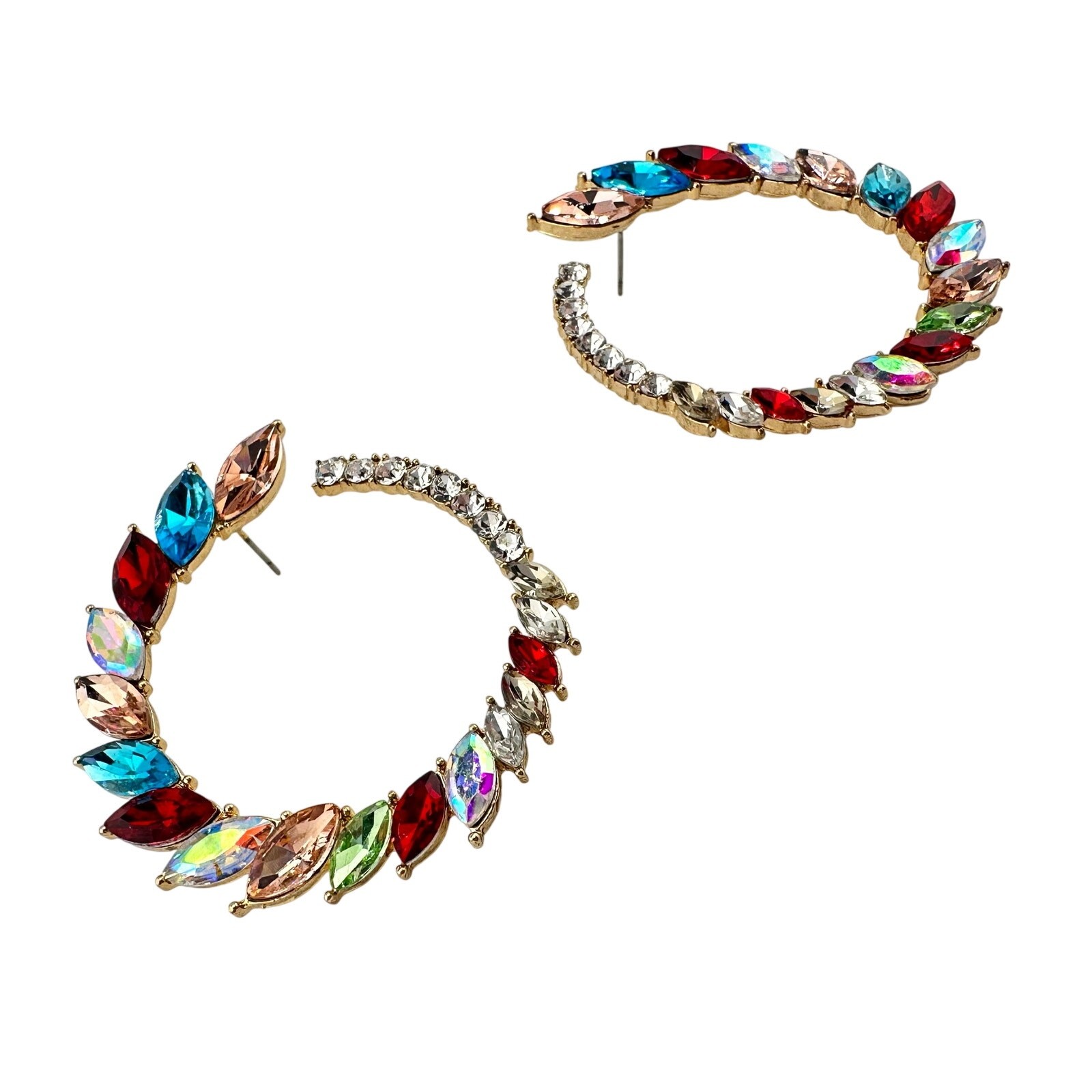 Multicolor Glass Rhinestone Marquise Extravagant Bold Gold Tone 2″ Earrings