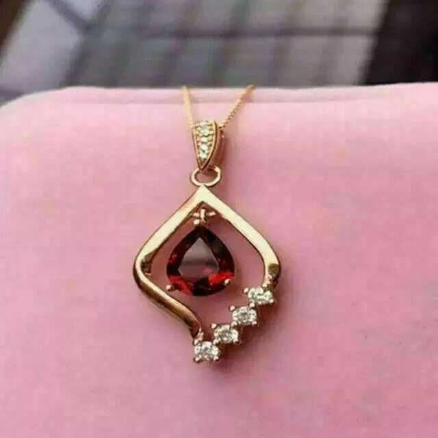 2Ct Pear Cut Red Garnet & Diamond Pendant 14k Yellow Gold Finish 18″ Free Chain