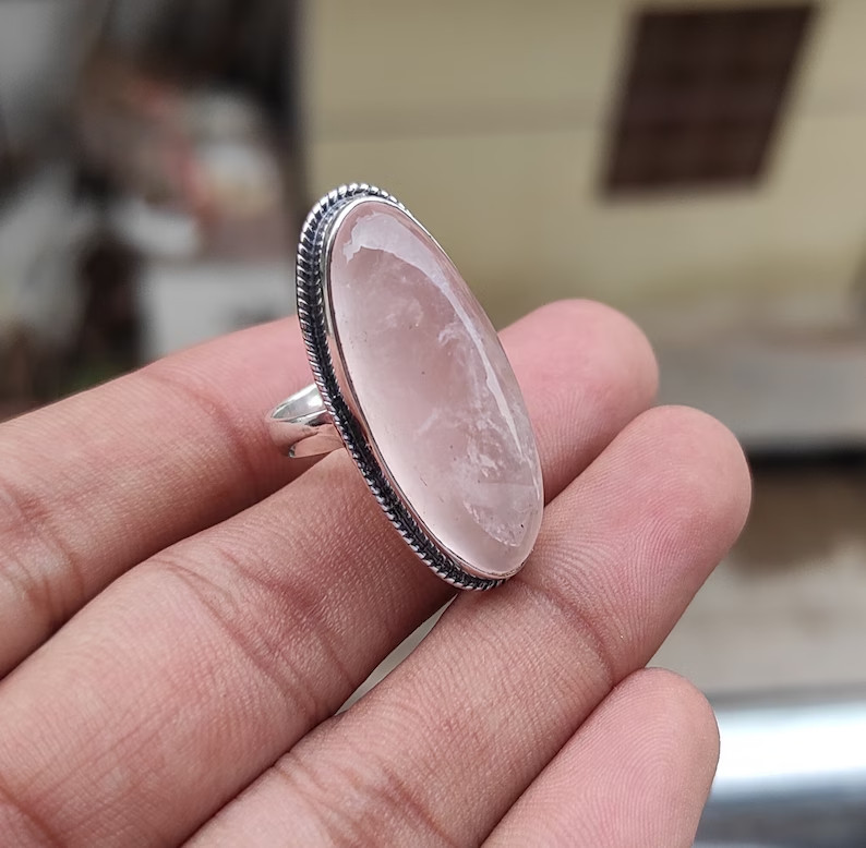 Rose Quartz Ring 925 Sterling Silver Band& Statement Handmade Ring All Size