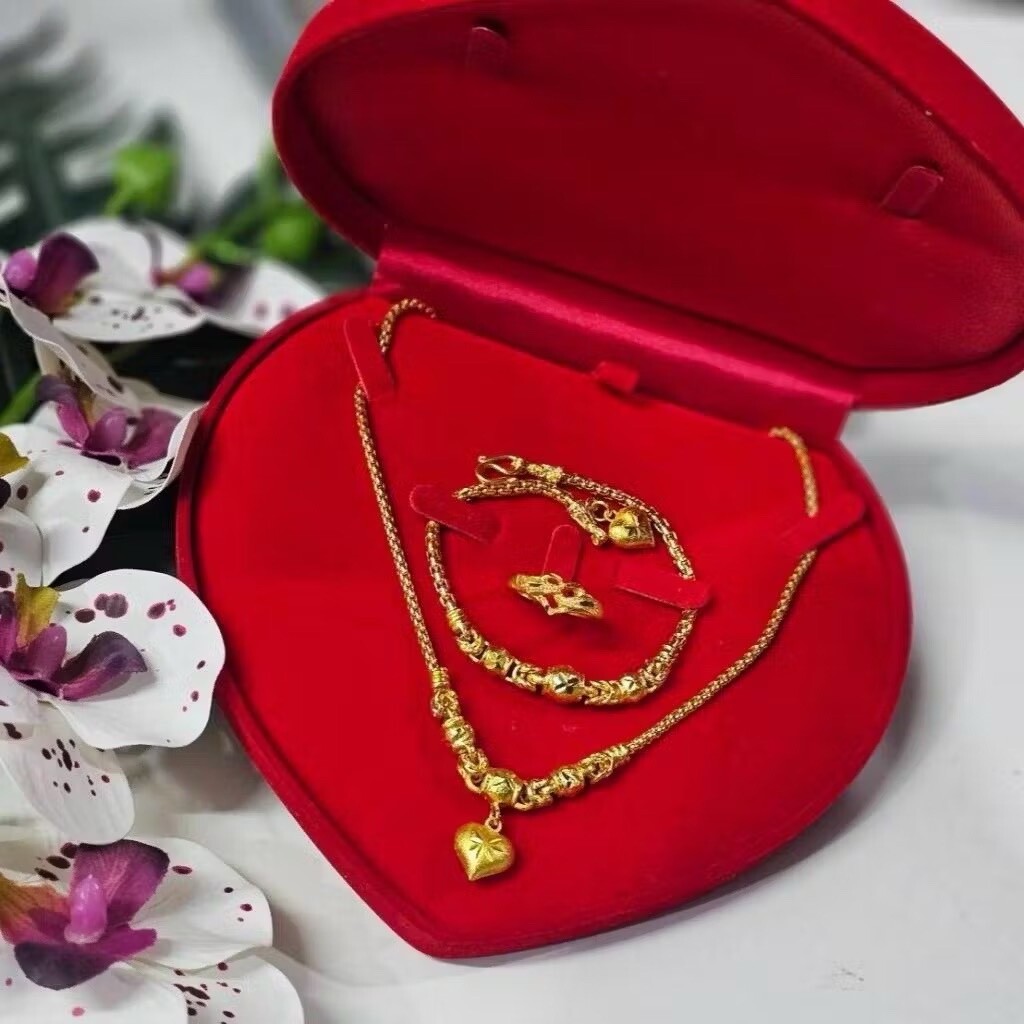 SET Heart 18K 20k 22K 24K YellowGold Necklace 20 inch&bracelet 7 in& ring size7