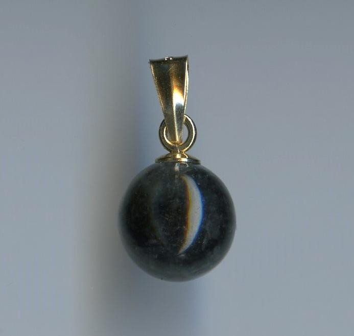 14K 1.0 Gram Solid Yellow Gold 8mm Round Bead Dark Gray Black Quartz Pendant -MO