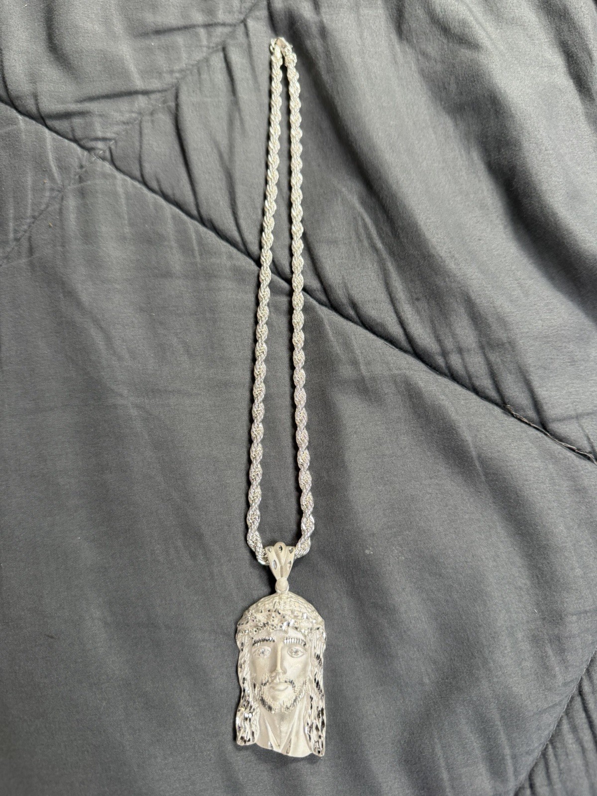 Silver Rope Chain Necklace Engraved Jesus Head Pendant Charm Lobster Clasp