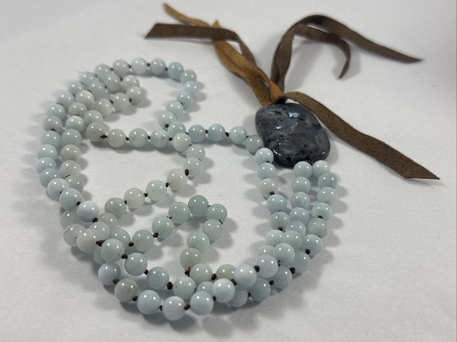 Silver Shimmer Larvikite Pendant ~ Hand Knotted Snowy Jade Beads 26″ Necklace