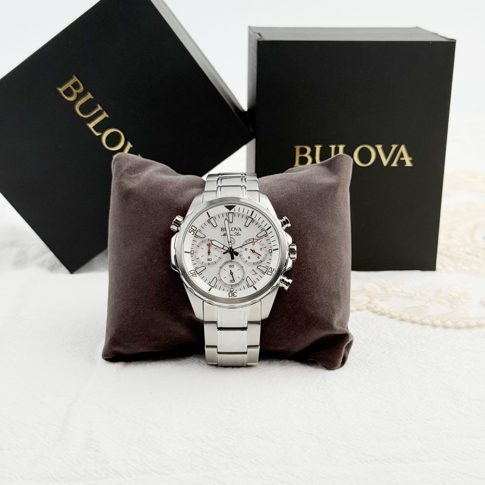 Bulova Marine Star Chronograph White Dial Stainless Men’s Quartz Watch 96B255