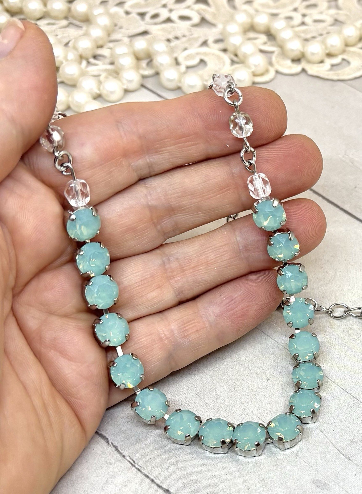 Rhodium Silver Plated Mint Green Pacific Opal Crystal Cup Chain Tennis Necklace
