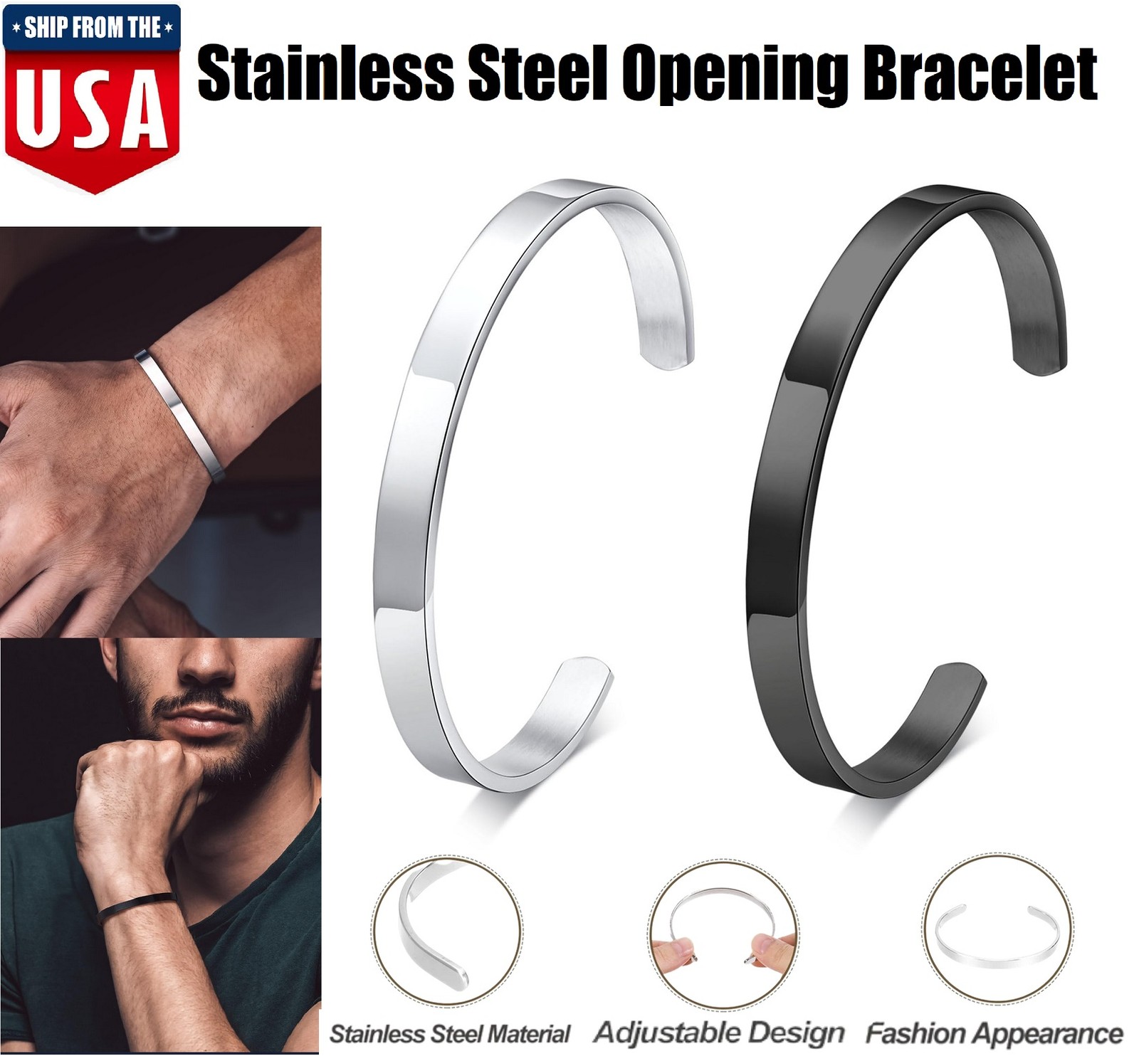 Men’s Fashion Jewelry Gold Silver Or Black Cuff Stainless Steel Bracelet Hot USA