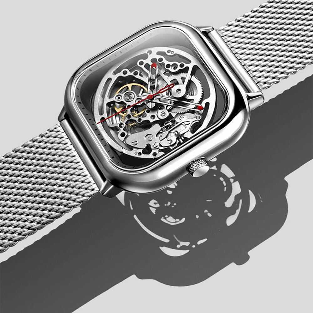 CIGA Design Hollow Automatico Scheletrato Quadrato Maglie Acciaio Orologio Uomo