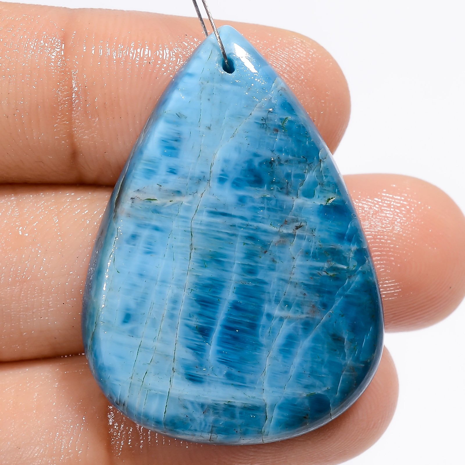 Natural Neon Blue Apatite Pear Cabochon Drilled Gemstone 50 Ct 35X24X5mm A-30461