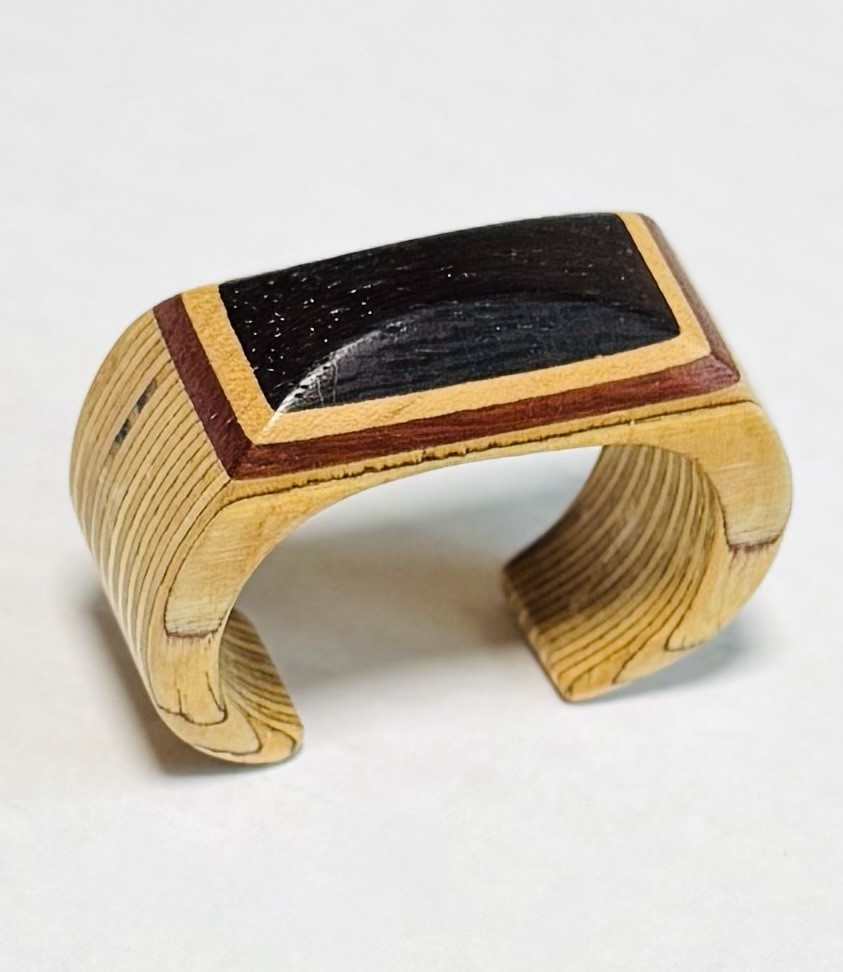 Vintage Kids’ Boho Natural Wood Handcarved Open Bangle Bracelet Radial Stripe