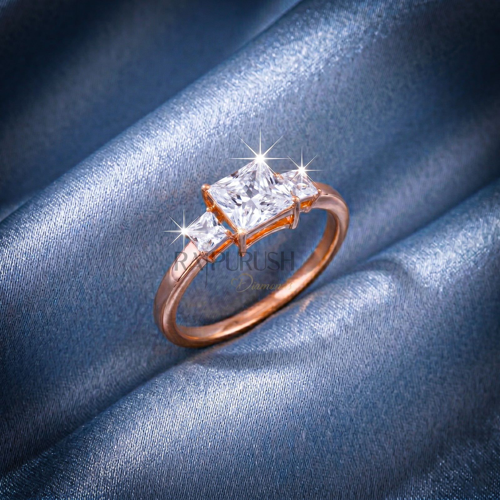 Princess Cut Moissanite Three Stone Engagement Ring – 14k Gold Plated Silver