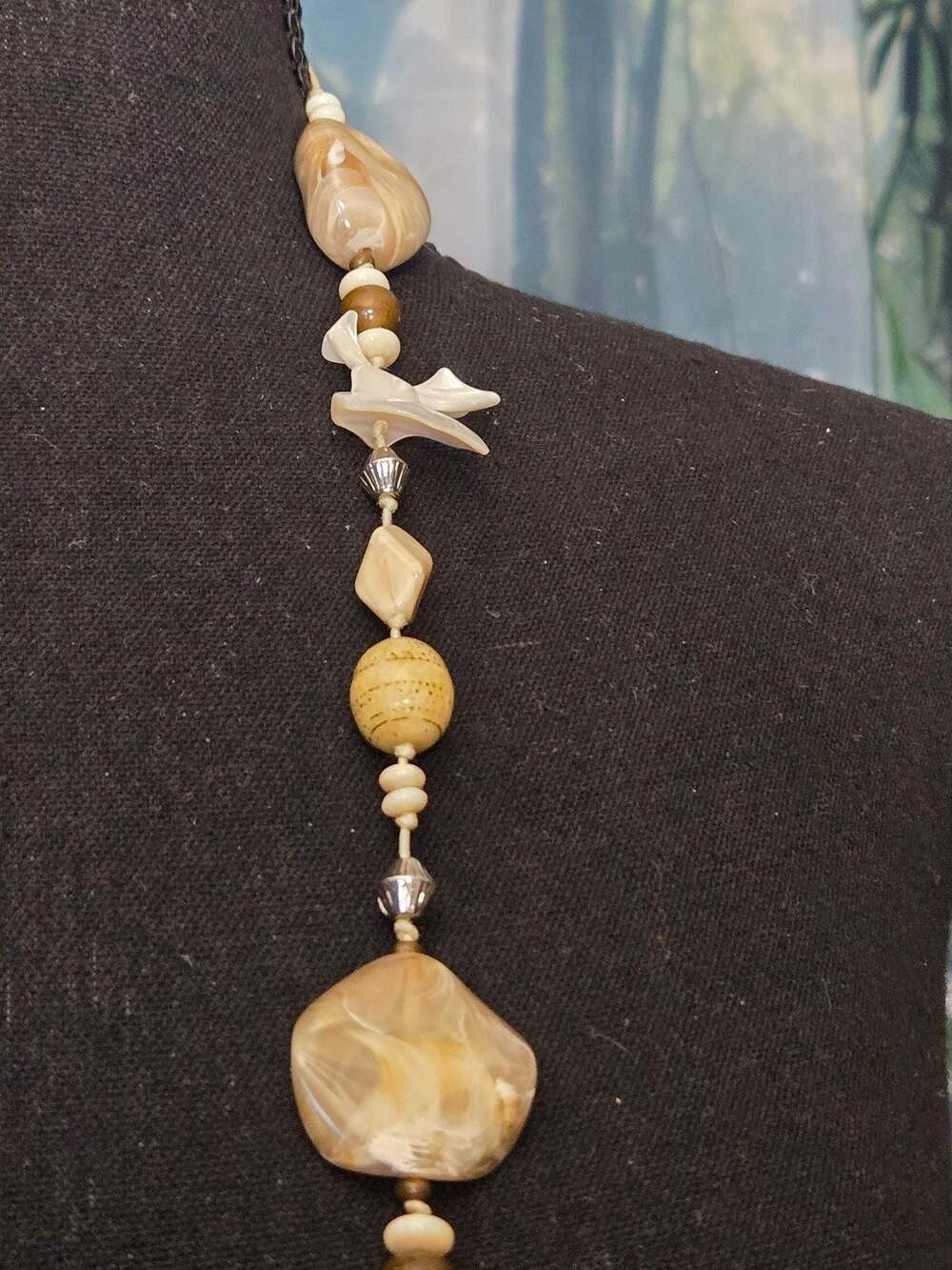 Chico’s Long Beaded Statement Necklace with Natural Shells and Acrylic Beads