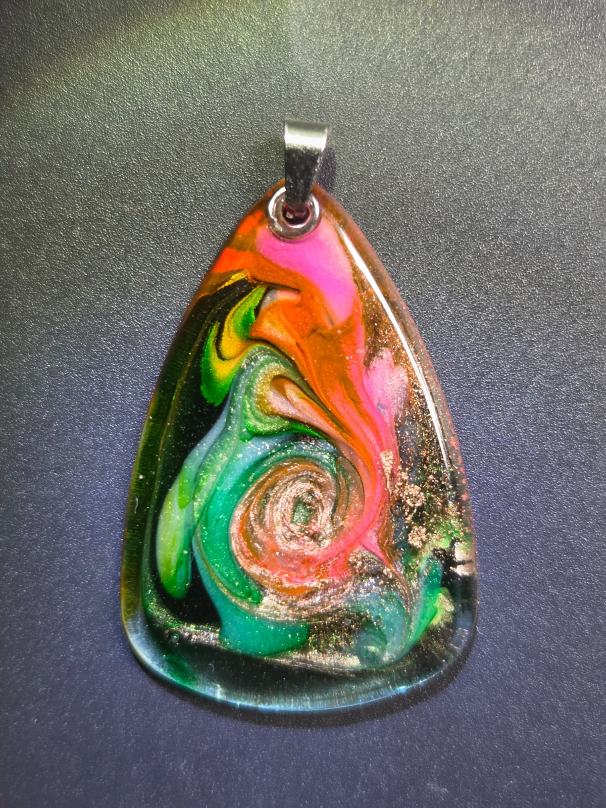 OOAK Green Pink Gold Petri Effect Resin Teardrop Pendant N112