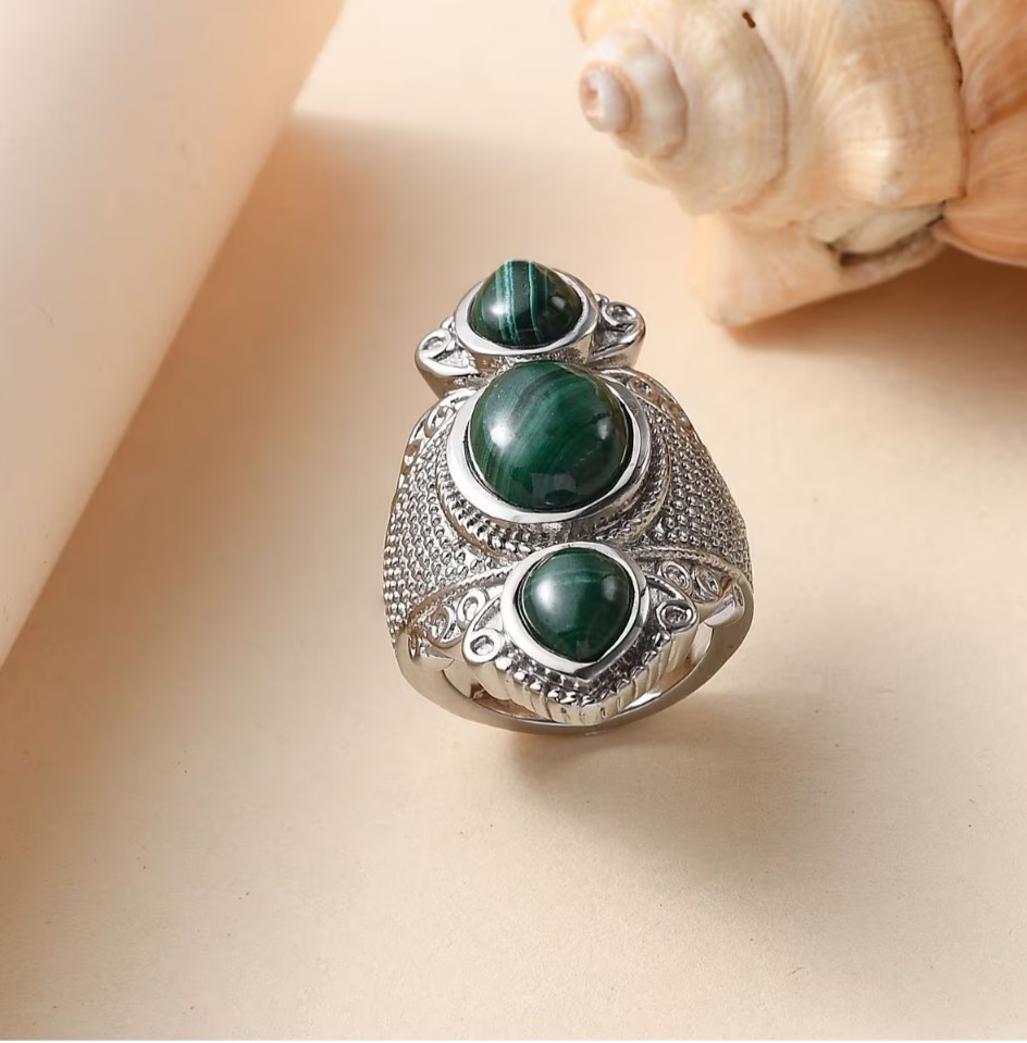 African Malachite 3 Stone Size 7 Ring in Luxury Stainless Steel 12.30 Ctw (316L)