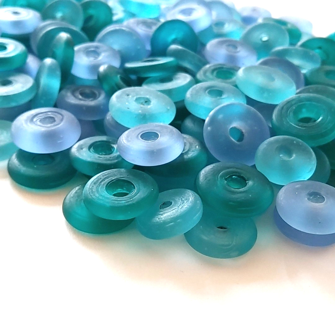 Approx 200 Frosted Donut Beads Cultured Sea Glass 17 – 21mm Aqua Blue Green Lot