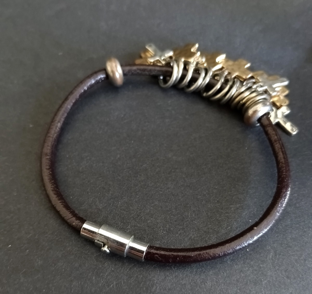 Leather Cord Cross Charm Bracelet Black Silver Gold Tone Faith Boho Spiritual