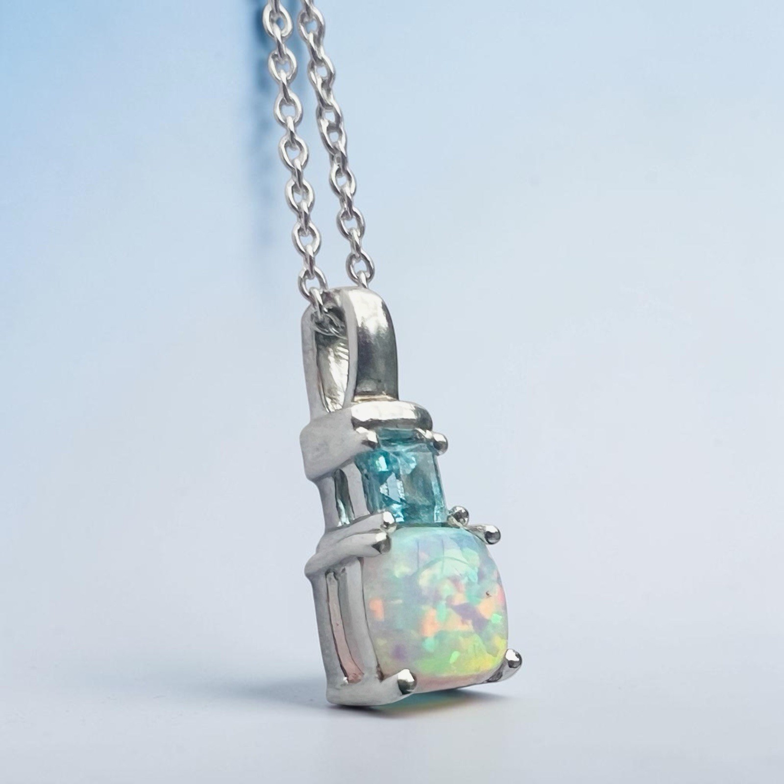 Sterling Silver Opal and Blue Topaz Necklace 18 Inches Sparkle and Shine 925