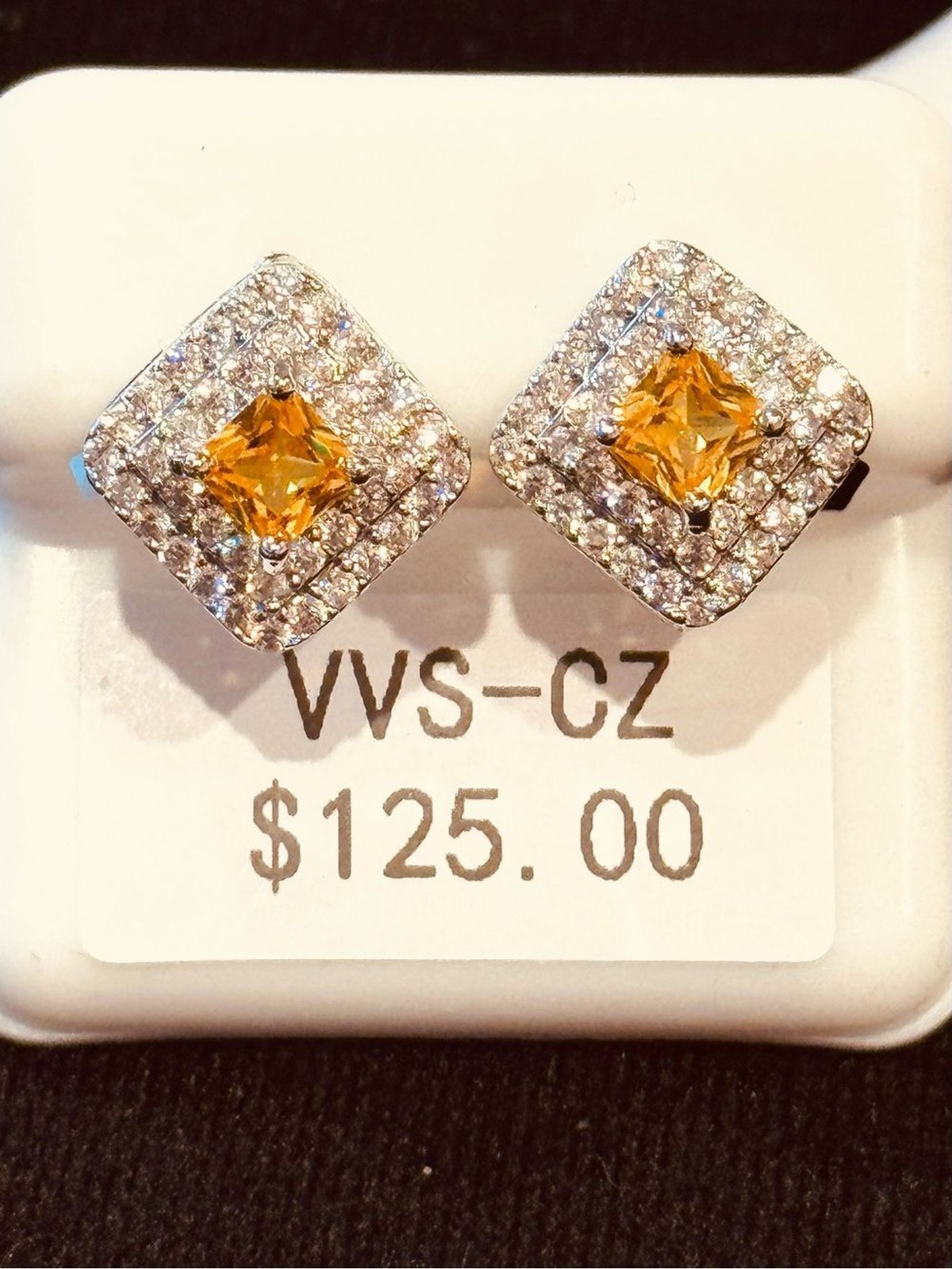 AJ USA Yellow Cubic Zirconia Square Halo Stud Earrings