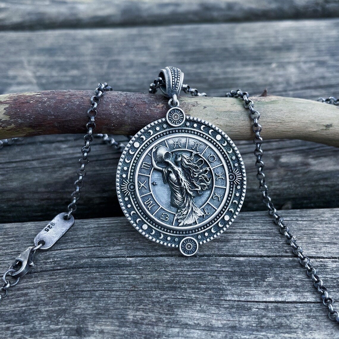 Aquarius Zodiac Oxidized 925 Sterling Silver Pendant Necklace Duty Free