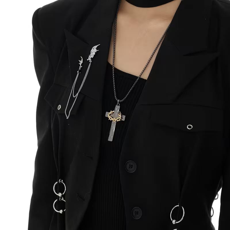 Black Christian Cross Necklace Crown of Thorns Pendant Religious Gift Jesus Mens