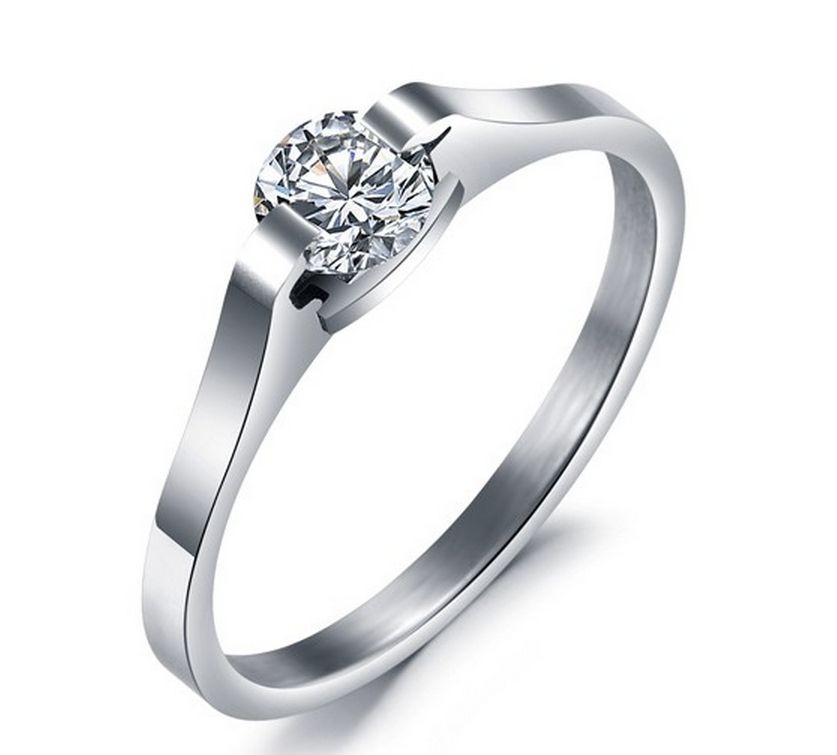 Stainless Steel 316L Cubic Zirconia Solitaire Engagement Ring Wedding Band