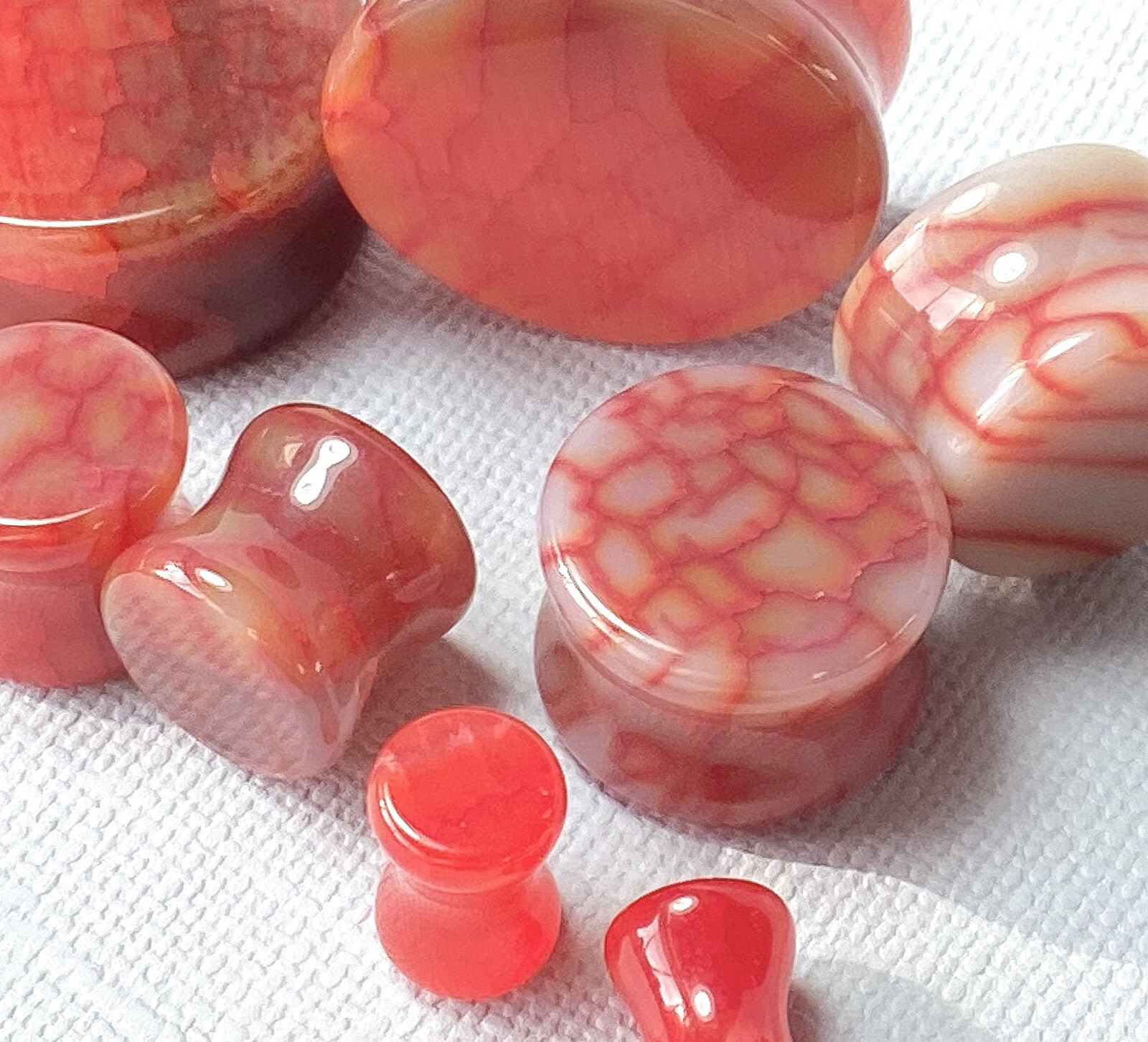 PAIR Red Dragons Vein Agate Stone Double Flare Plugs Organic Earlets Gauges