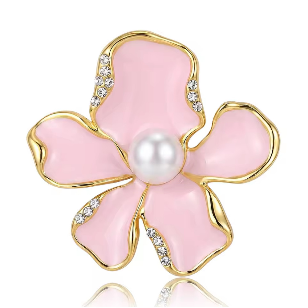 Pink Crystal Flower Brooch Gold Enamel Rhinestone Pearl Pin Summer Jewelry Gift