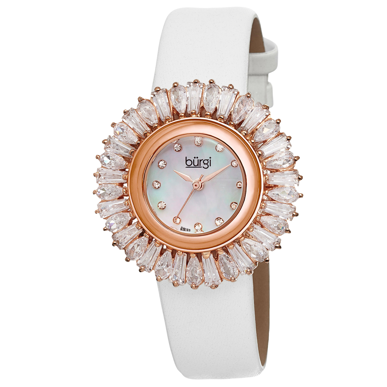 New Women’s Burgi BUR092WT Swiss Quartz Diamond MOP Dial White Strap Watch