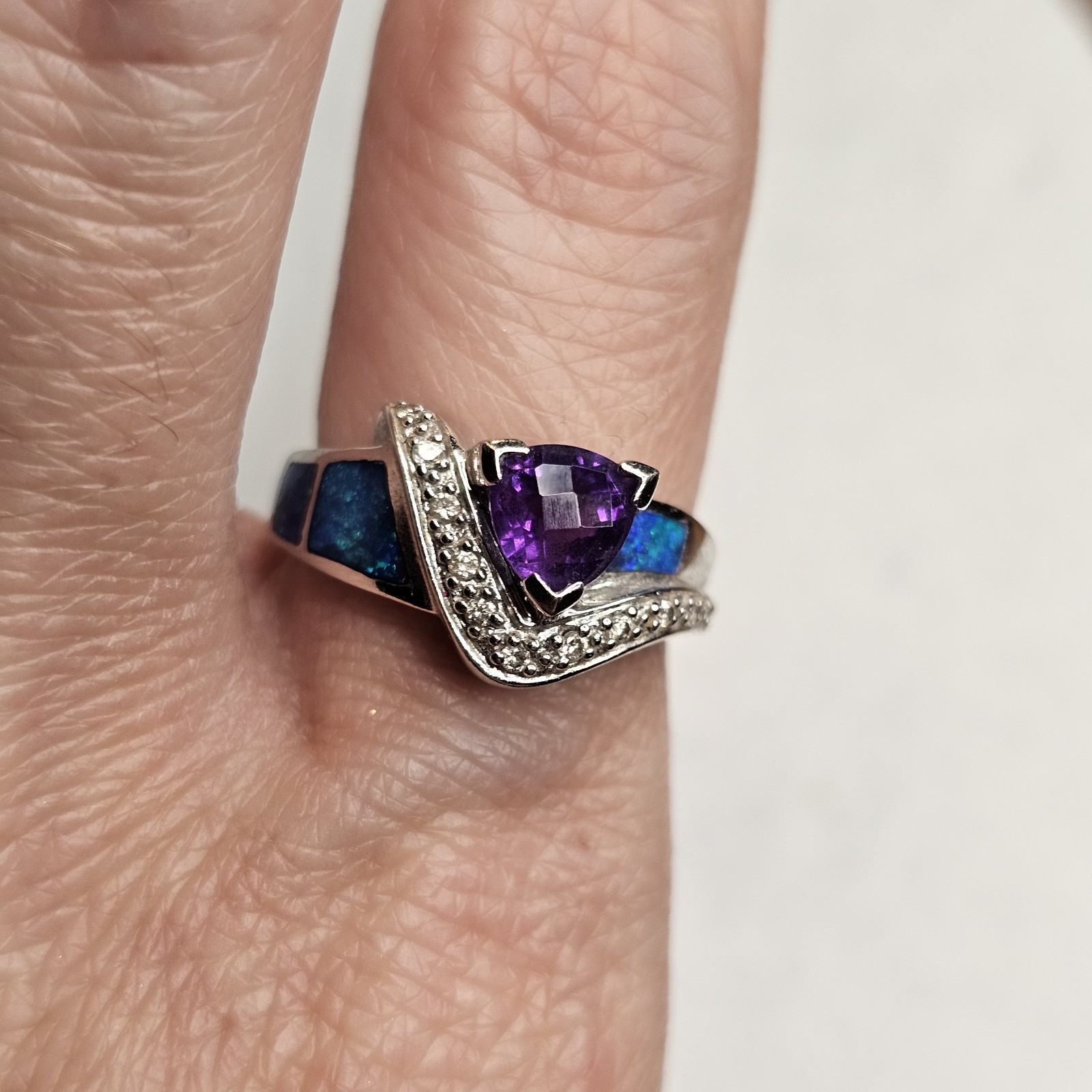 14K White Gold Amethyst Diamond Opal Inlay Ring Designer Style Estate Sz 6.25