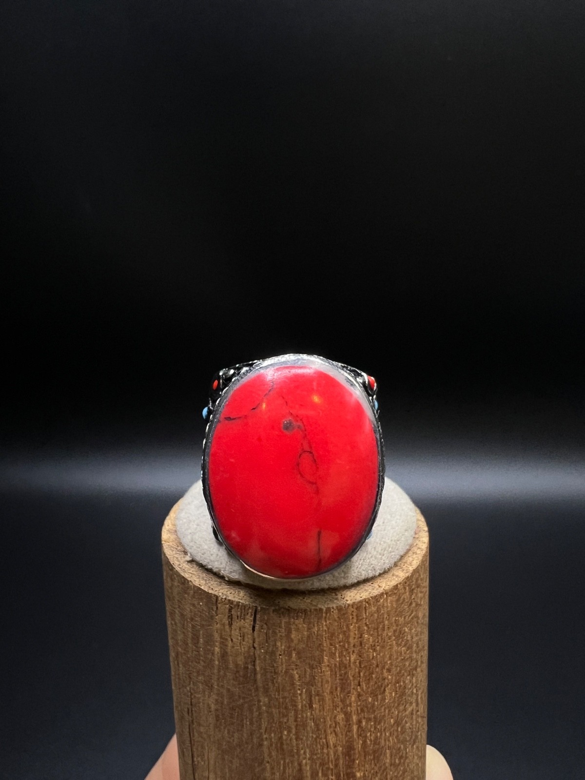 Vintage Red Coral Statement Ring, Large Oval Cabochon Ring, Tibetan Tribal Boho