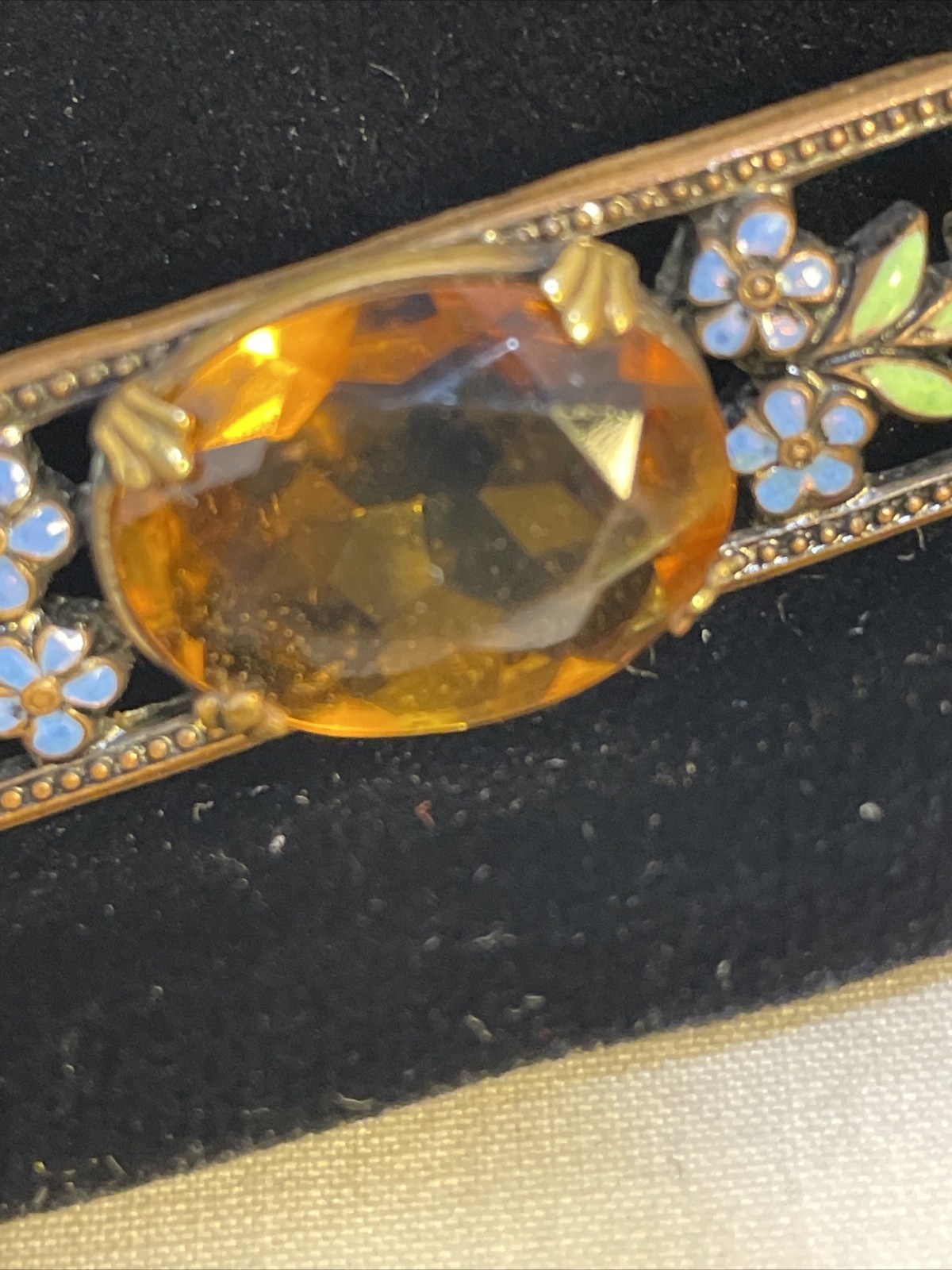Vintage Brooch Enamel & Stone/Glass Yellow Stone Metal-Brass Or Copper Pin Bac